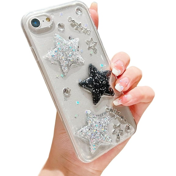 Compatible with iPhone 6 Case,iPhone 6s Case for Women Girls,Cute Glitter 3D Stars Crystal Pearl Bling Clear Case Sparkle Sparkly Slim Soft TPU Protective Cover for iPhone 6/6s