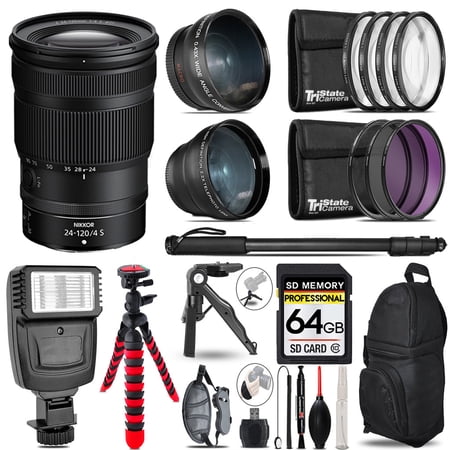 Nikon NIKKOR Z 24-120mm f/4 S Lens -3 Lens Kit + Slave Flash + Tripod - 64GB Accessory Bundle