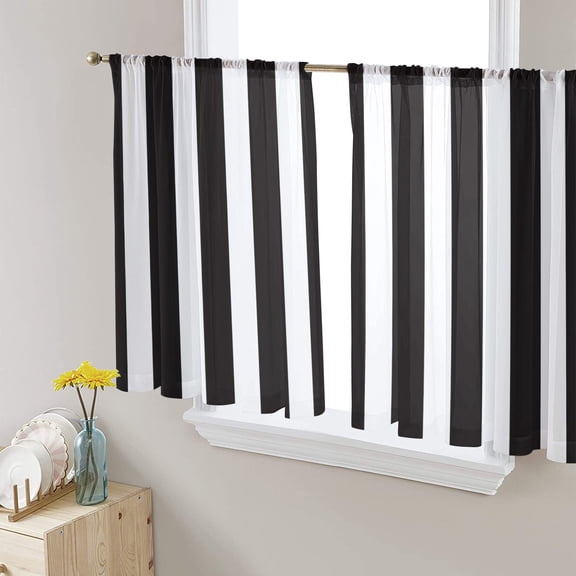 Black Striped Semi Sheer Curtains 45 Inch Length 2 Panels Set, Modern Farmhouse Black White Stripes Sheer Kitchen Curtain Privacy Voile Window Curtain for Living Room Bedroom Rod Pocket Drapes