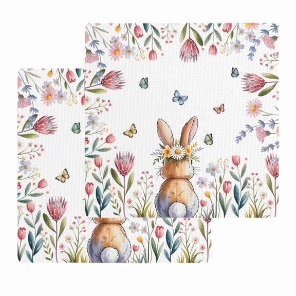 Easter Kitchen Dish Towels for Drying Dishes Set of 2, Spring Flowers Wreath Rabbit Budding Florals Waffle Weave Microfiber Hand Tea Bathroom Towels Quick Dry & Absorbent Towel 12x12