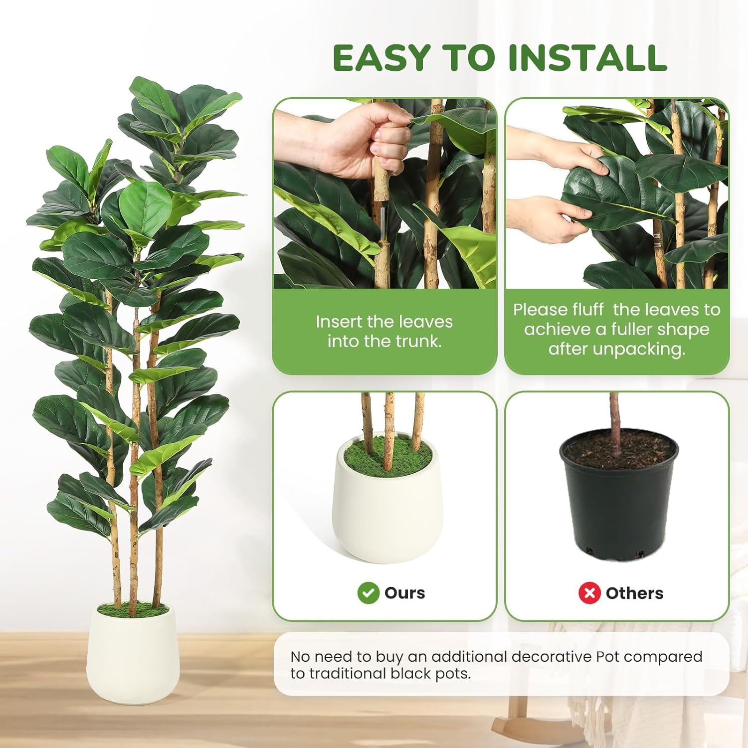 5 ft Faux Fiddle Leaf Fig Tree with White Pot, Faux Trees with Artificial Plants 56 Fiddle Leaves Greenery - Lifelike Fake Tree for Home Office Store Room Decor Indoor Outdoor
