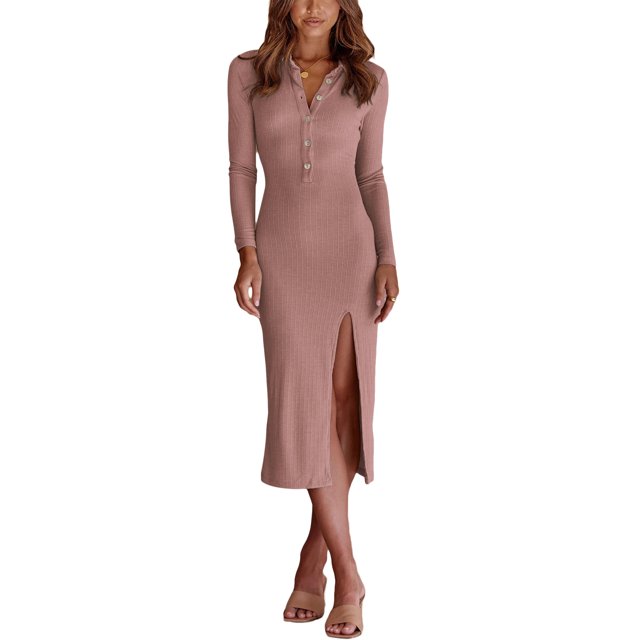 Txlixc Vestido de mujer, cuello de solapa de color sólido, manga larga, botón, adec Txlixc moda
