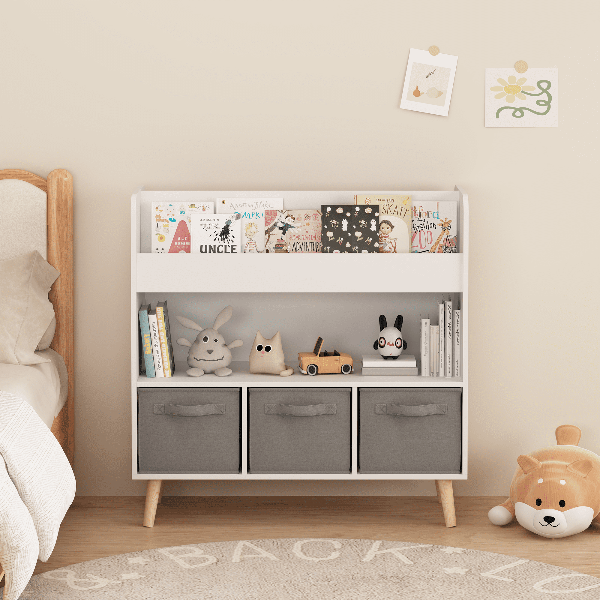 Kids Bookshelf with 3 Removable Fabric Bins, 4 Open Display Shelves, Wooden Toy & Book Organizer for Playroom Bedroom Nursery