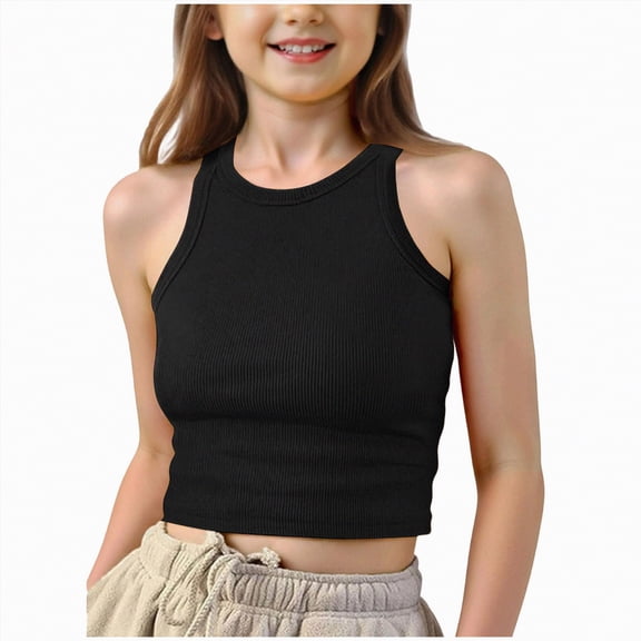 CAICJ98 Tank Tops for Girls Solid Color Blouses Sleeveless Slim Tees Kids Round Neck Shirts Vacation Tank Tops Classic Tunic (Black,11-12 Years)