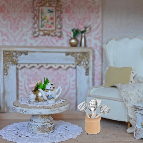 OUNONA 5Pcs Miniature Kitchenware Dollhouse Shovel in Stainless Steel Wood for Decoration Indoor Play