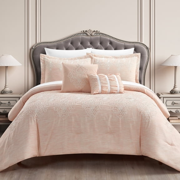 Hubli 5 Piece Comforter Set Embroidered Pattern Heathered Bedding