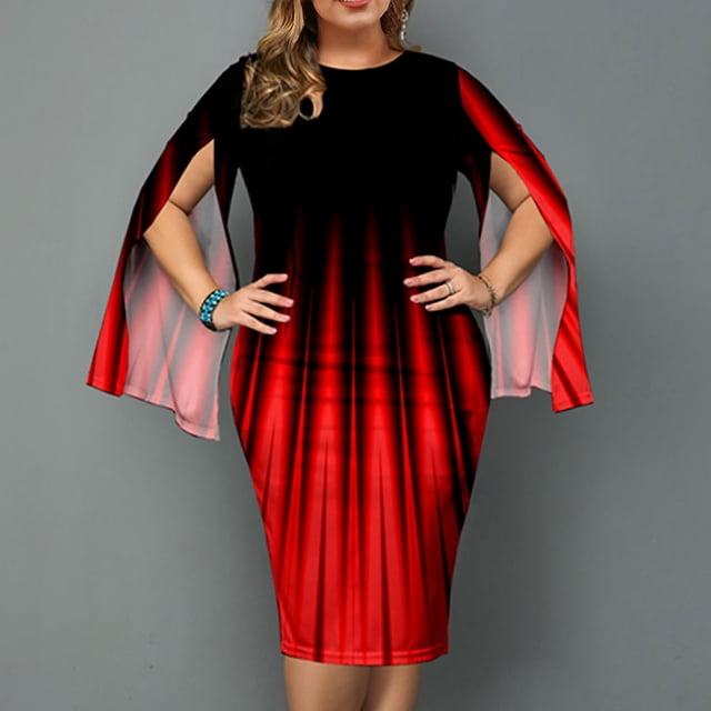 WREESH Plus Size Women O-Neck Splicing Irregular Slit Sleeve Tight Dress