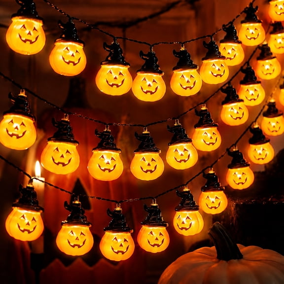 Halloween Decor Pumpkin Lights Battery Operated, 10FT 20 LED 3D Cute Orange Jack-O-Lantern String Lights , 2 Modes Spooky Ligting for Indoor Outdoor Room Fireplace Covered Porch Party Decorations