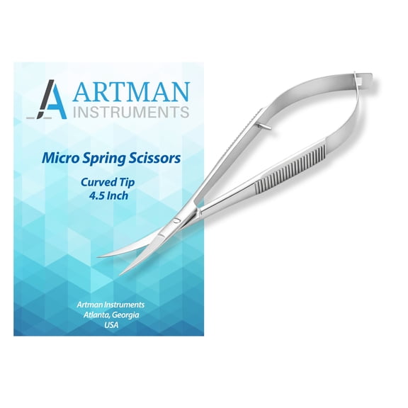 Artman Instruments Curved micro Spring Action Squeeze Scissors, 4.5 in, Silver