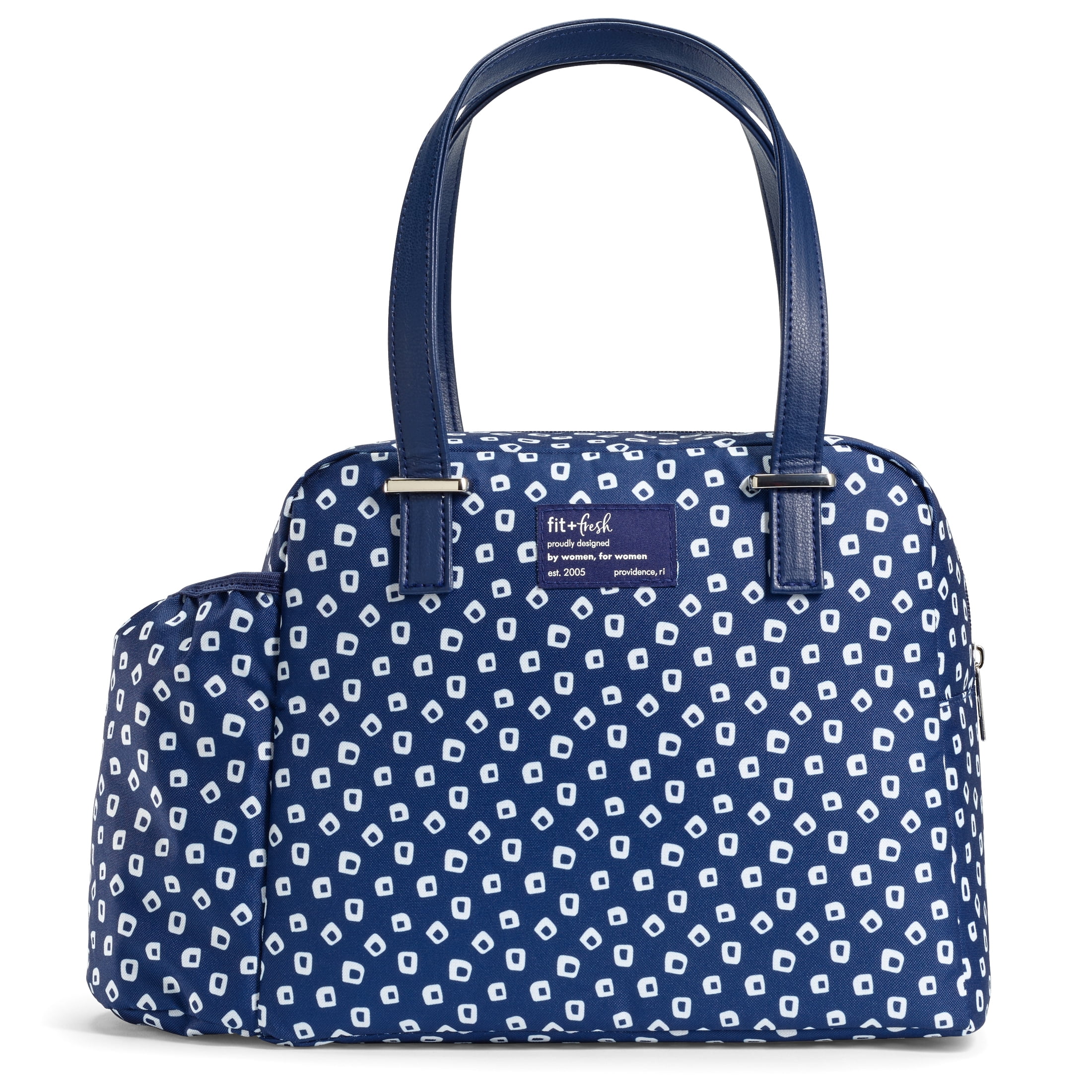 Fit & Fresh Laketown Women's Lunch Bag, Large Insulated Tote Bag, Includes 2 BPA free Containers and 1 XL Slim Ice, Navy Dot