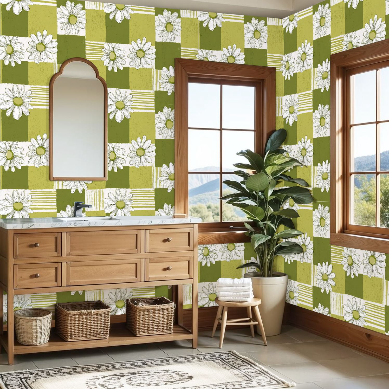 Sage Green Peel and Stick Wallpaper Green White Daisy Floral Stripes Squares Wall Mural 23.6in x 9.8ft Self Adhesive Removable Wall Paper Renter Friendly Wallpaper for Girls Bedroom