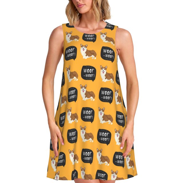 Easygdp Corgi para Vestido Transpirable de Mujer, Vestido Suelto de Manga Corta con Pliegues y Bolsillos para el Verano