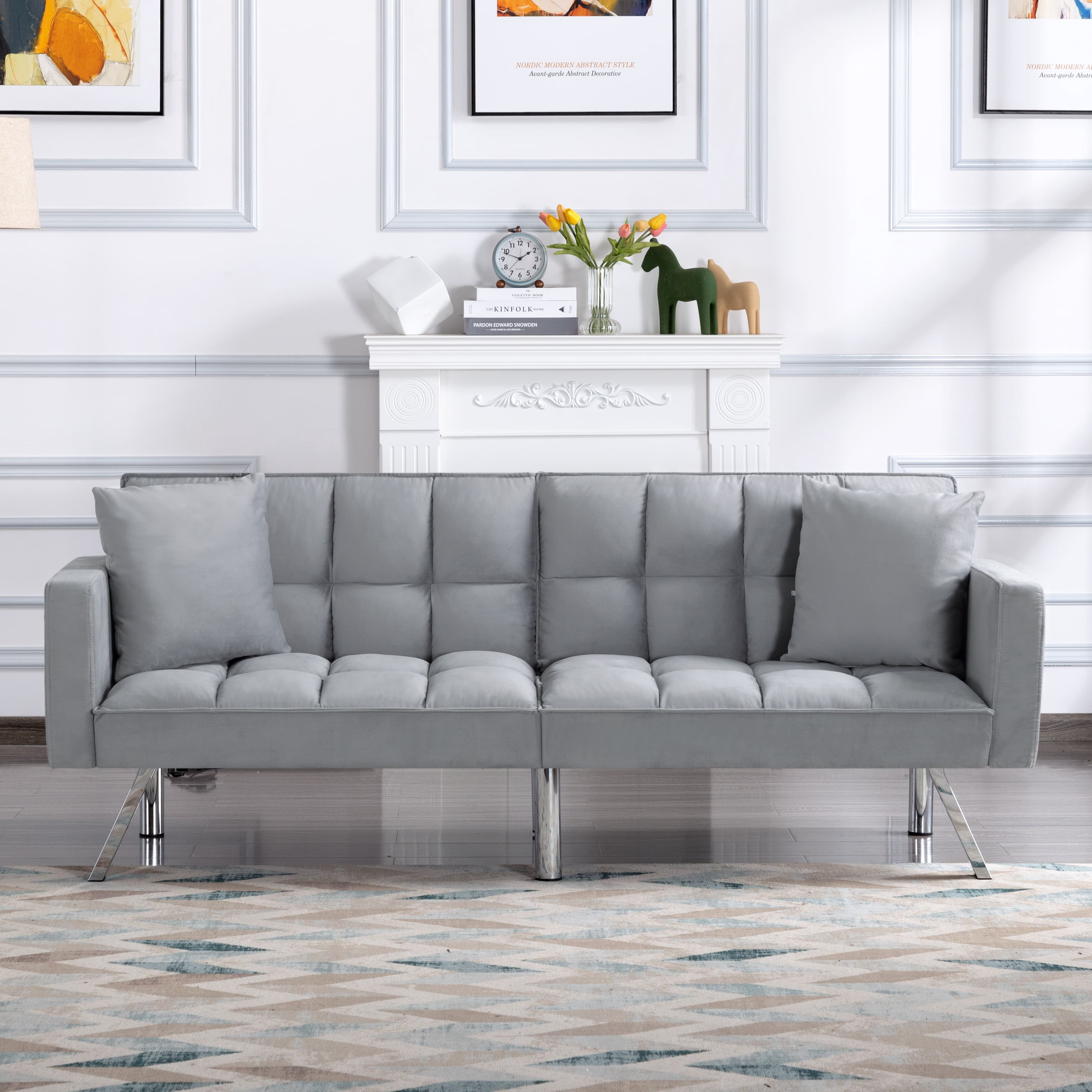 BSHTI 74” Twin Size Futon Sofa Bed,Square-tufted Upholstery Futon Sleeper,Velvet Fabric Sleeper Sofa,for Home,Office,and Guest Room,Light Gray