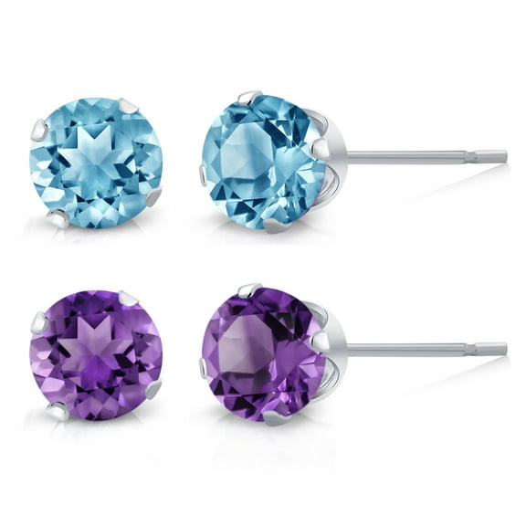 Gem Stone King 925 Sterling Silver 4mm Purple Amethyst and Blue Topaz Stud Earrings for Women Men Set of 2