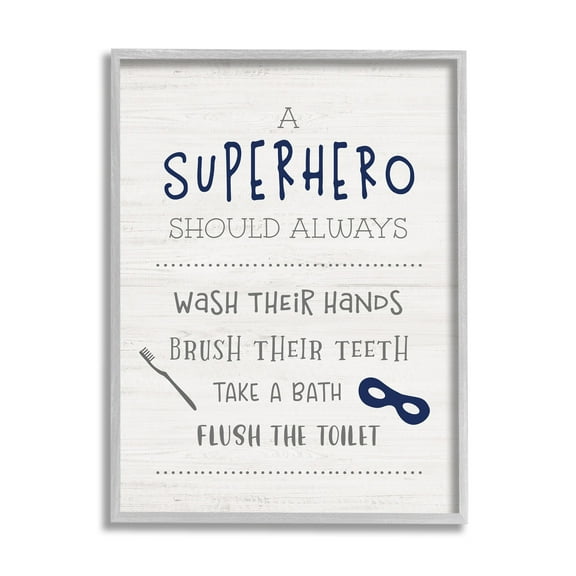Stupell Industries Superhero Bathroom Rules Good Hygiene Phrases Blue Mask Typography Painting Gray Framed Art Print Wall Art, 16 x 20