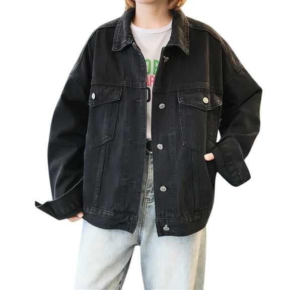 Women's Loose Retro Denim Jacket - Long-Sleeve Cowboy Style Casual Outwear, Black, L