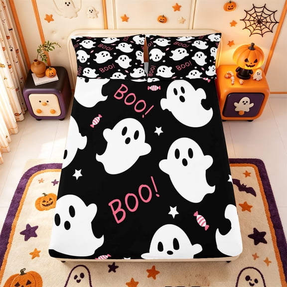 Manfei Halloween Ghost Print Fitted Sheet Full,Pastel Bat Pattern Bed Set,3pcs,1 Fitted Sheet and 2 Pillowcases