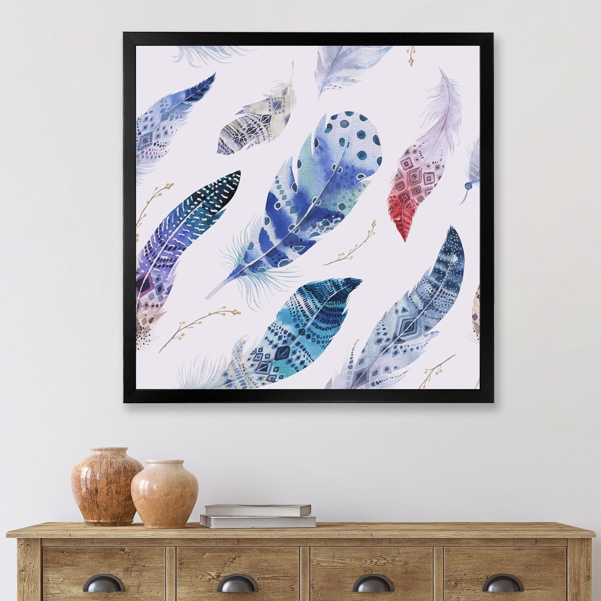 Designart 'Elegant Blue Boho Art Feathers' Bohemian & Eclectic Framed Art Print