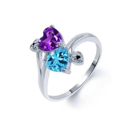 Citrine Amethyst Diamond Heart - 1.63 Ct Heart Shape Purple Amethyst Swiss Blue Topaz 925 Sterling Silver Ring