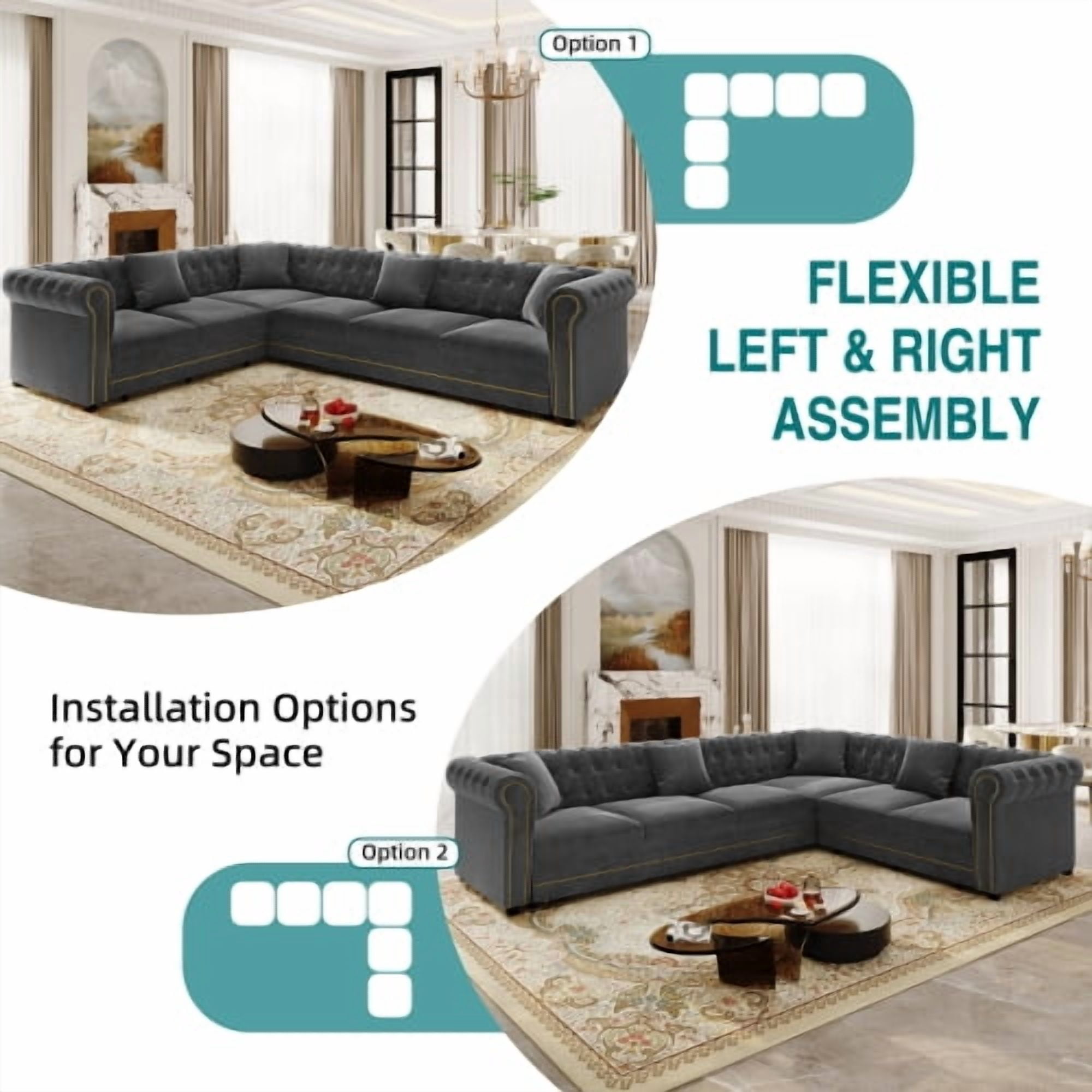 115.3" L-Shaped Velvet Sofa Bed, Button Tufted Pull-Out Sleeper, Gold Trim Rolled Arms, Dark Grey