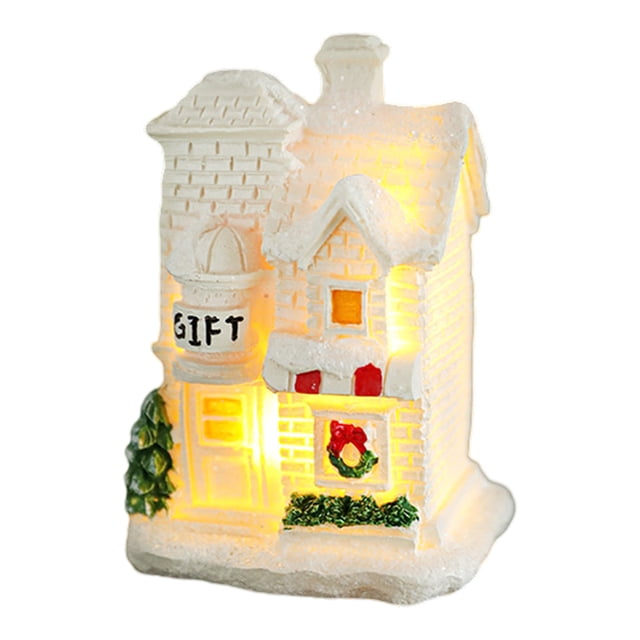 Decoración de casa de pueblo navideña, casa navideña de resina iluminada, escena navideña de resina, casas de pueblo, ciudad con luz LED blanca cálida, edificio coleccionable navideño que funciona