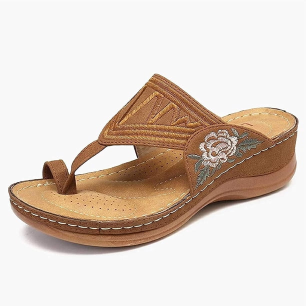Sandalias para mujer, zapatillas ortopédicas antideslizantes con bordado de flores, sandalias con espalda al aire, cómodas e informales, zapatos de punta abierta de moda de verano,
