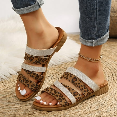 

FZM Women shoes Fashion Roman Style Women s Summer Leopard Print Slip On Flat Beach Open Toe Breathable Sandals Slippers Shoes