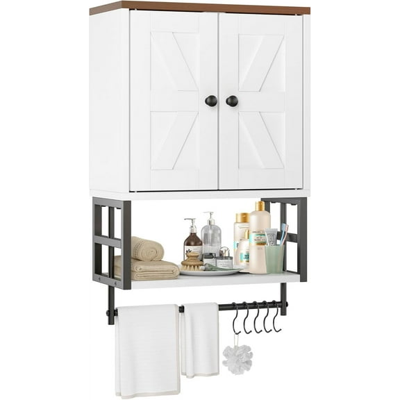 Farmhouse Medicine Cabinet for Small Bathroom Wall Mounted – 3-Tier Storage Cabinet with Adjustable Shelf & Towel Bar, 2-Door Cabinet for Bathroom, Laundry Room, Above Toilet Organizer