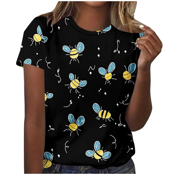 Tops de Cuello Redondo para Mujeres Casual de Moda Impresa Camiseta de Manga Corta Top 95% Poliéster 5% Elastano para Uso Diario Y de Fiesta