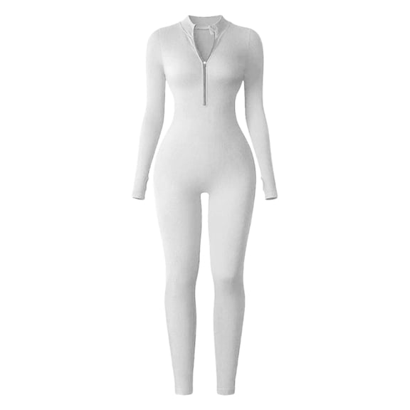 Slimming Zip Front Workout Jumpsuit Long Sleeve Abdomen Control Sports Unitard Rompers With Built In Thumbholes For Women