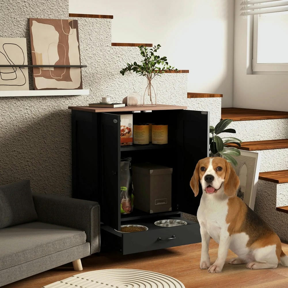 Barara King Pet Feeding Station, Dog Bowls, Dog Food Storage Cabinet w/ Raised Dog Bowls, Adjustable Panel, Hooks, Black
