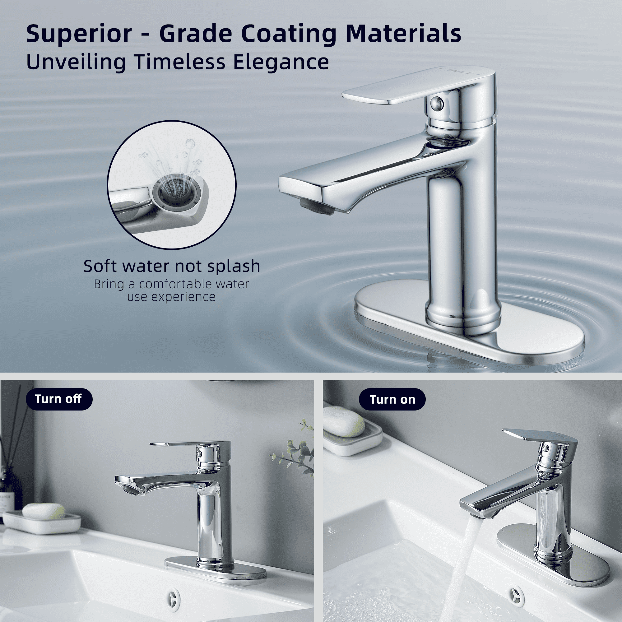 BELZ Bathroom Faucet Modern Waterfall Bathroom Sink Faucet with Single Handle with Pop Up Drain and Deck Plate Suitable for 1 or 3 Holes, Chorme