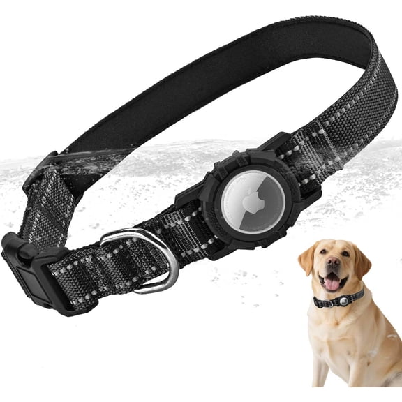 Airtag Dog Collar with Waterproof Air Tag Holder, Integrated Reflective Pet Collar with Soft Padding, Adjustable Nylon Collar for Small Medium Large Dogs, Black,L (16.1"-23.6")