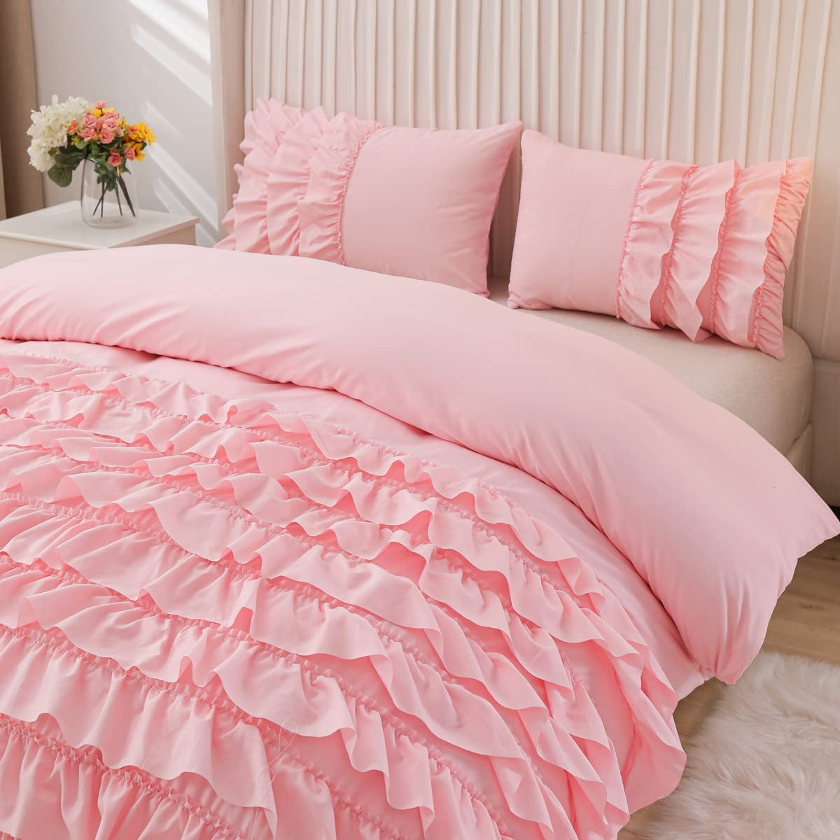 NTBED Ruffled Full Size Pink Comforter Set Casual Textured Chic Bedding Set for Girls Kids