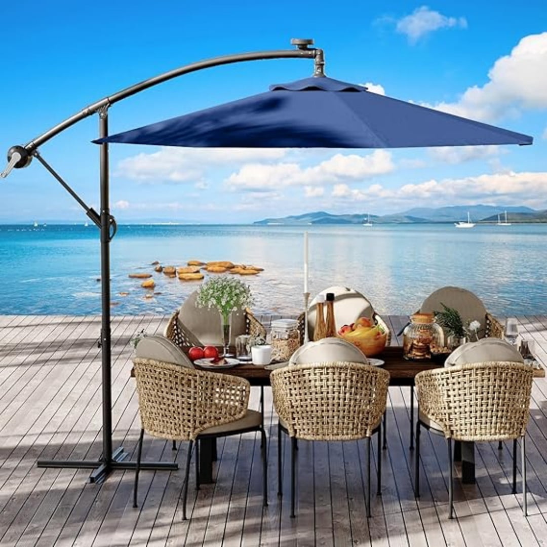 10FT Cantilever Patio Umbrella with Heavy-Duty Cross Base, Outdoor Offset Market Umbrella with Infinite Tilt & Easy Crank Lift – Waterproof, UV-Resistant, Wind-Resistant, Sturdy Aluminum Pole