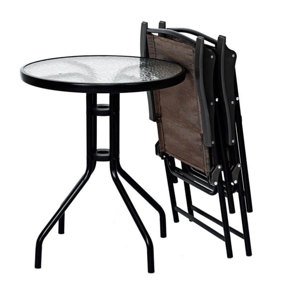 3pc Bistro Patio Furniture Set - Round Table & Folding Chairs - Outdoor Garden Furniture for Balcony, Bistro, Small Space - Steel Frame & Tempered Glass