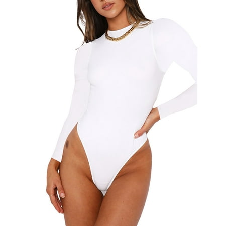 

Gwiyeopda Women Long Sleeve Bodysuit Rompers Stretchy Round Neck Playsuit Leotard Tops Jumpsuit
