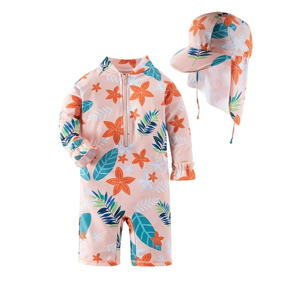 Girls Rash Guard Swimsuit Zipper One Piece Romper Bathing Suit Long Sleeve Cute Summer Beach Wear with Hat Orange, 2 Years