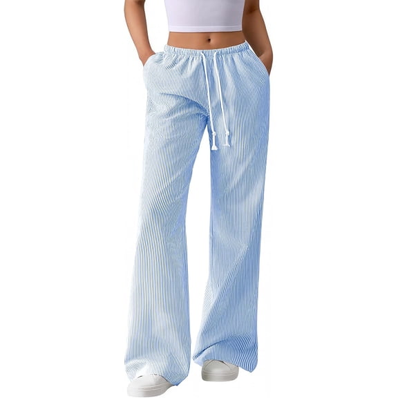 BTFBM Striped Wide Leg Pants for Women Spring Summer Drawstring Lounge PJ Beach Bottoms Casual Trousers Pockets