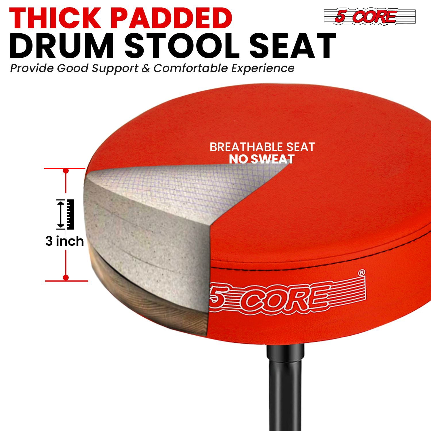 3” High-Density Sponge Drum Throne - Adjustable 17”-24” Musician Stool with Non-Slip Base, 330 lbs Capacity for Drummers & Guitarists
