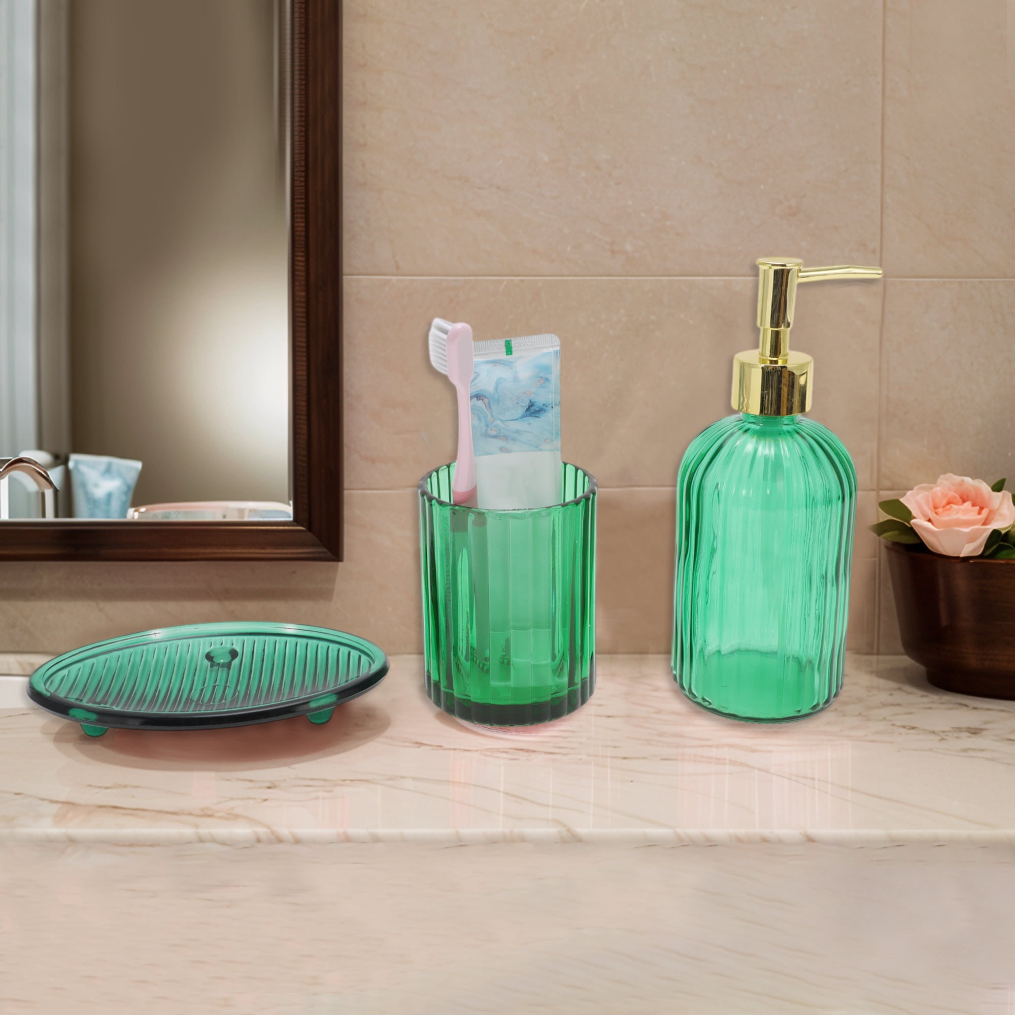 Unique Bargains 3Pcs Reusable Stripes Bathroom Accessories Set Green