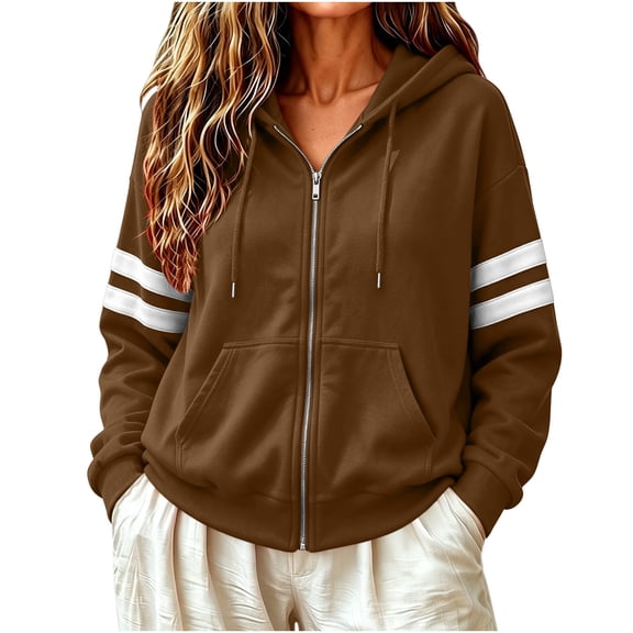 Ghalytn Women's Full Zip Hoodie Jacket, Long Sleeve Striped Drawstring Hooded Sweatshirt with Kangaroo Pocket