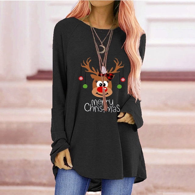 Pntutb Mujer Casual Cuello Redondo Navidad Manga Larga Estampado Camiseta Top Blusa Pntutb Pntutb-6581