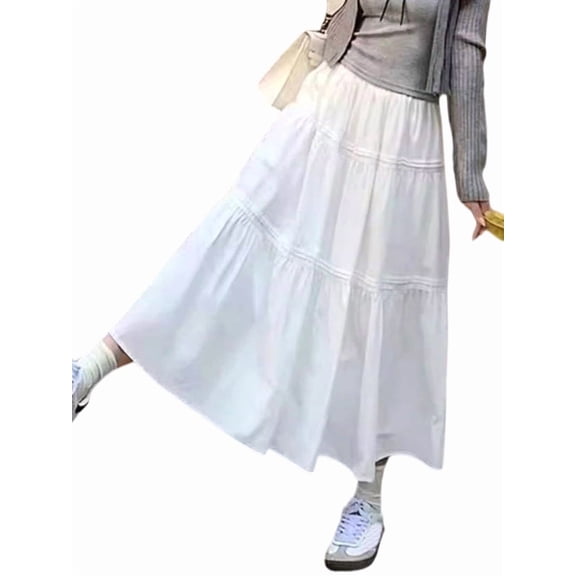 Women's Boho Ruffle Pleated Maxi Elastic High Waist A-Line Flowy Skirt for Beach Summer White [Regular] S