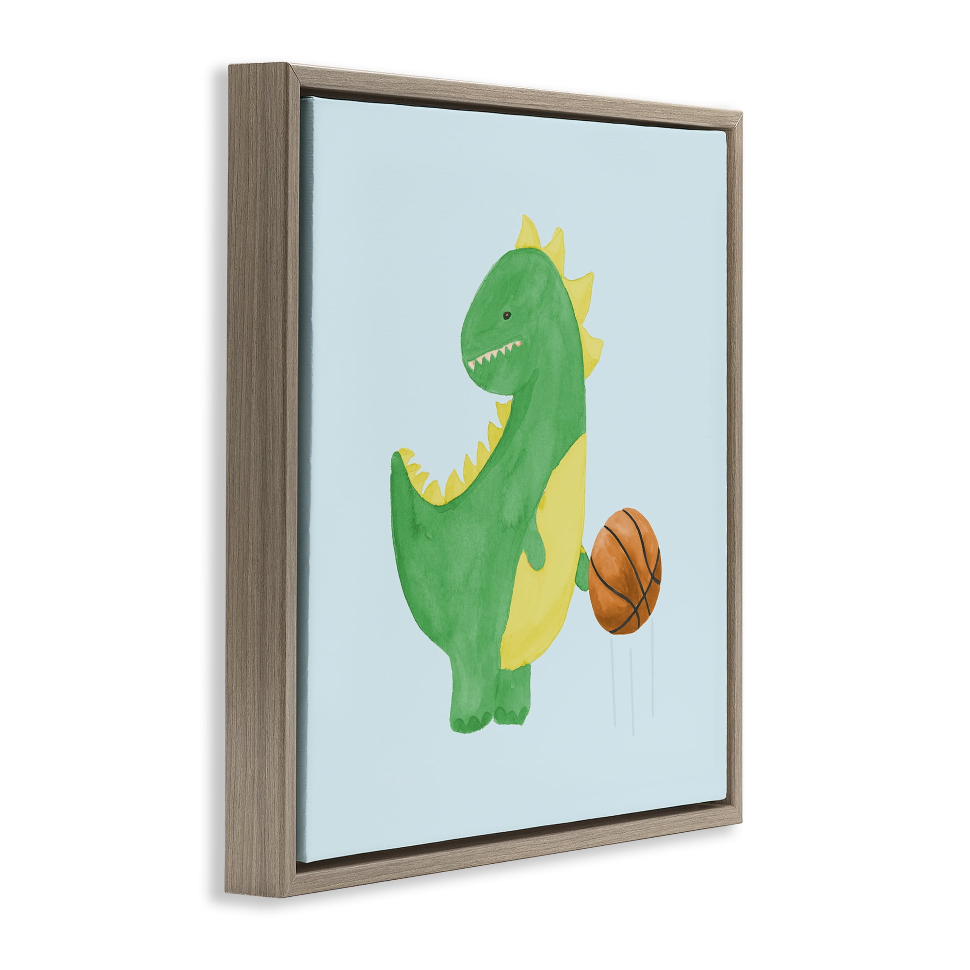 Stupell Industries Baby Dino & Basketball Brown Framed Floater Canvas Wall Art, design by Lucille Price