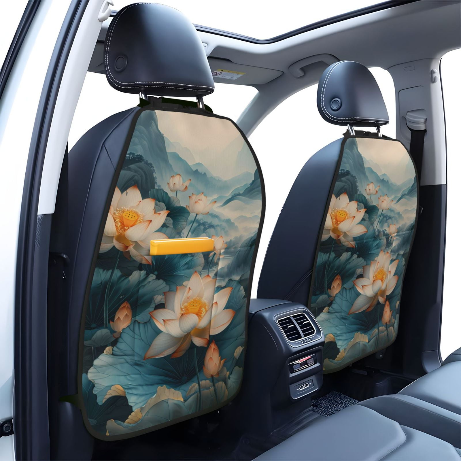 Xecao Mountain Lotus Serenity Pattern Car Seat Back Protector 2 Pack Large Capacity Pocket, Kick Mats Back Seat Protector