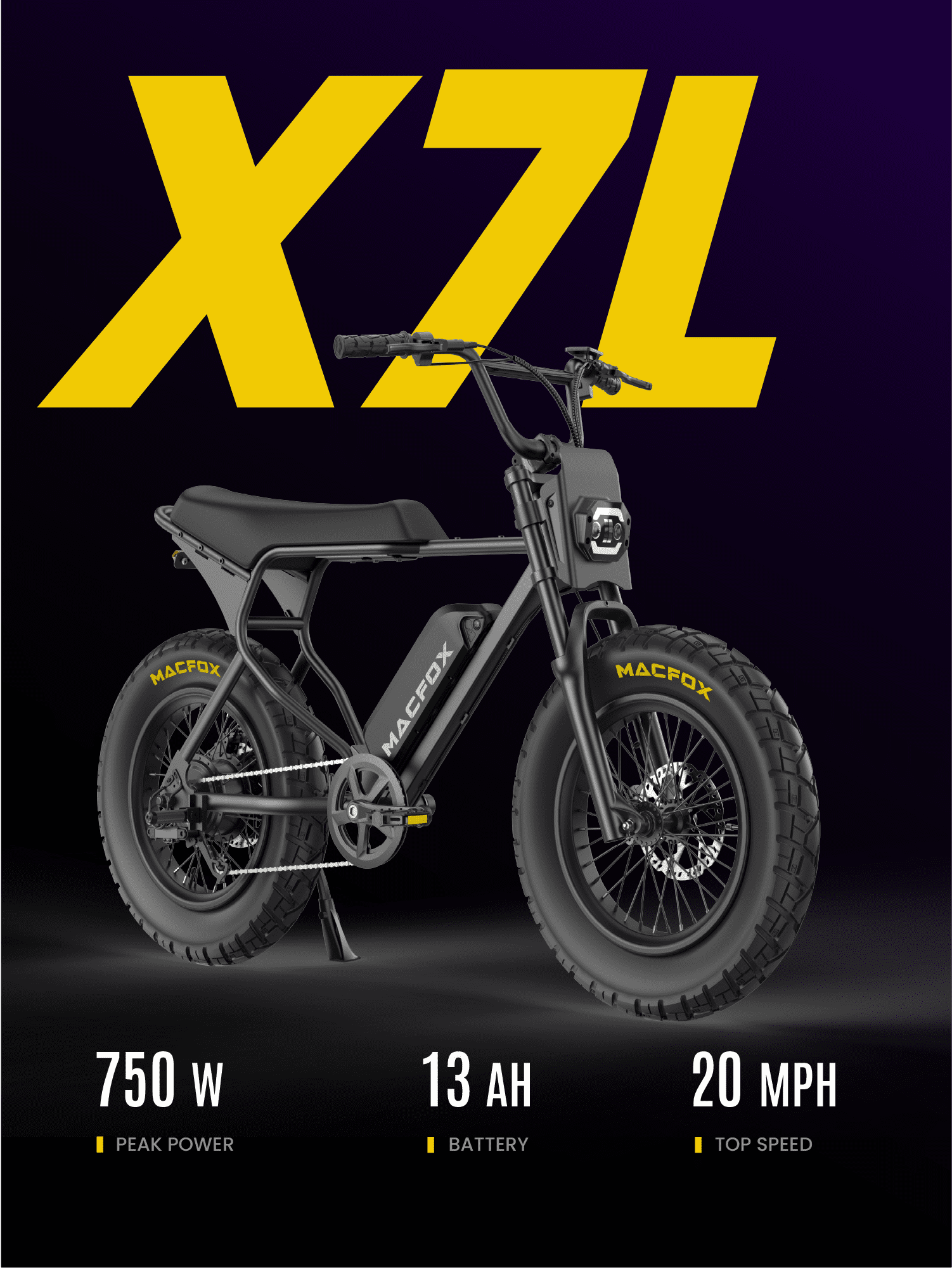 MACFOX X7L Adult Electric Bike, 750W Motor, 20 MPH, 48V 13Ah Removable Battery, 35-Mile Range, Hydraulic Brakes, 20x5.0 Rear Fat Tire