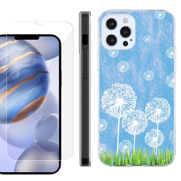 Slim Fit Protective Phone Case for Apple iPhone 12 / iPhone 12 Pro, with Tempered Glass Screen Protector, by OneToughShield ® - Dandelion Sky