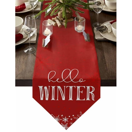 

Table Runner Dresser Scarves Christmas White Hello Winter Quote Cotton Linen Burlap Table Cover Snowflake Texture on Red Table Runners for Family Kitchen Dining Holiday Party Banquet Decor