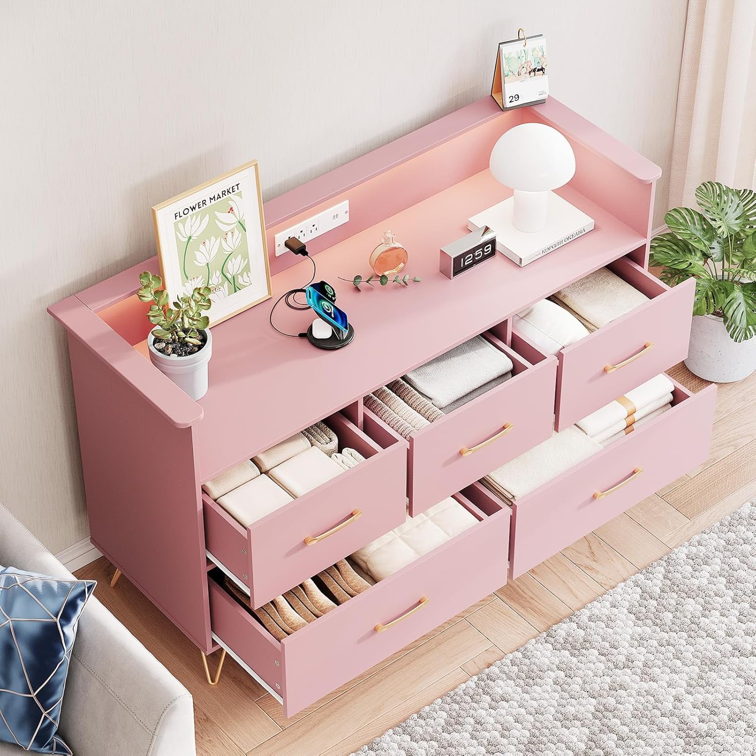 5 Drawer Dresser for Bedroom, 47 in Modern Wooden Dresser with LED Lights & Charging Station, Wide Chest of Drawers Storage Organizer for Nursery Hallway Apartments, Pink